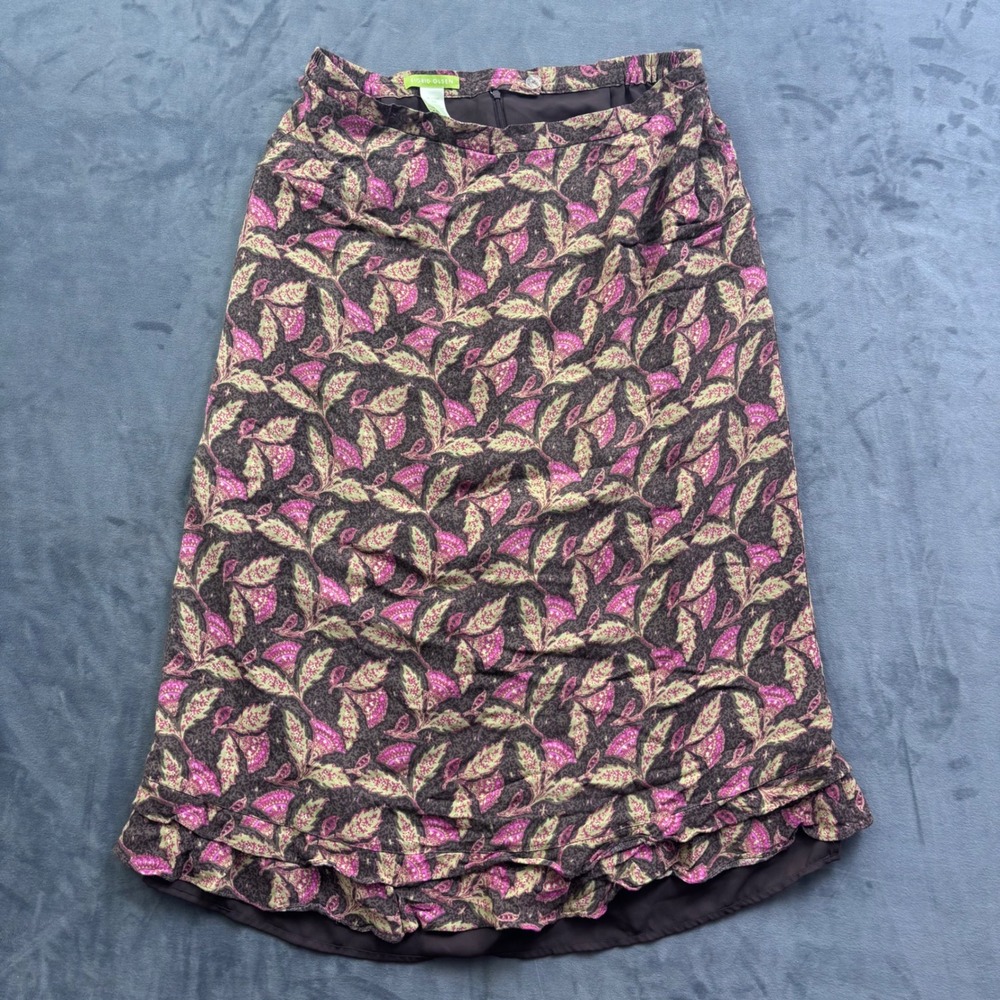 Sigrid Olsen Floral Ruffle Hem Midi Skirt Brown Pink Green Leaf Print 16W